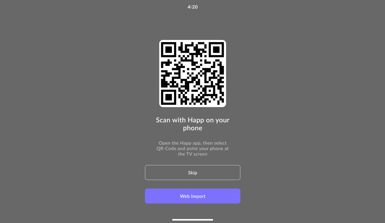 Экран импорта подписки на Android TV через QR-код